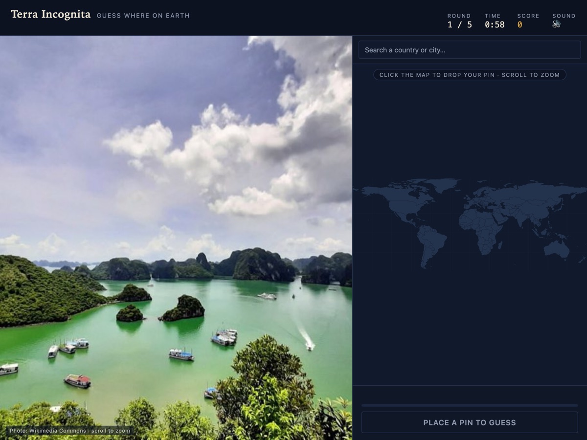 Terra Incognita — a photo of a real place beside a world map waiting for your pin